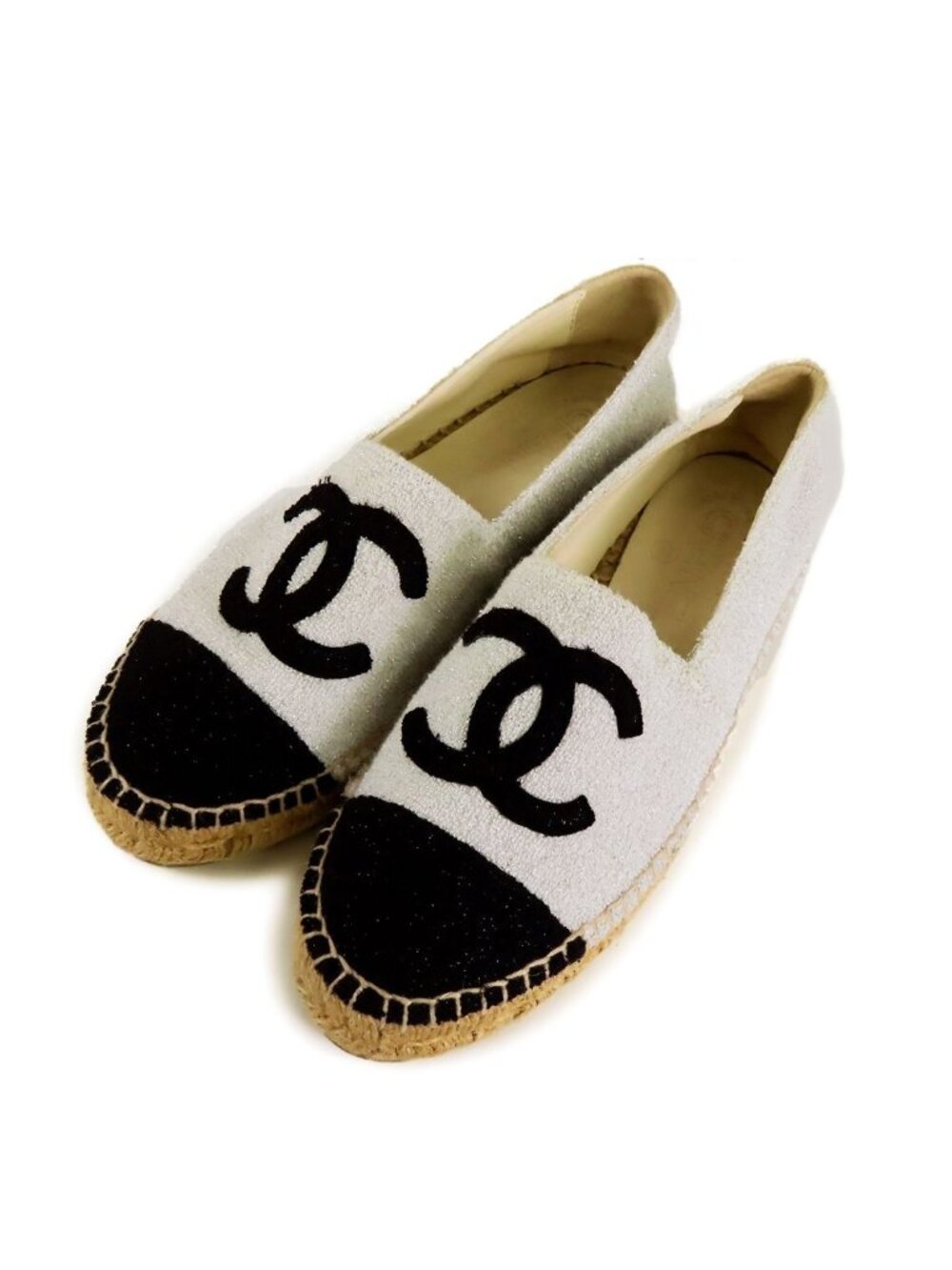 Chanel Espadrilles Silver Black Pile Jute CC Logo Slip-on